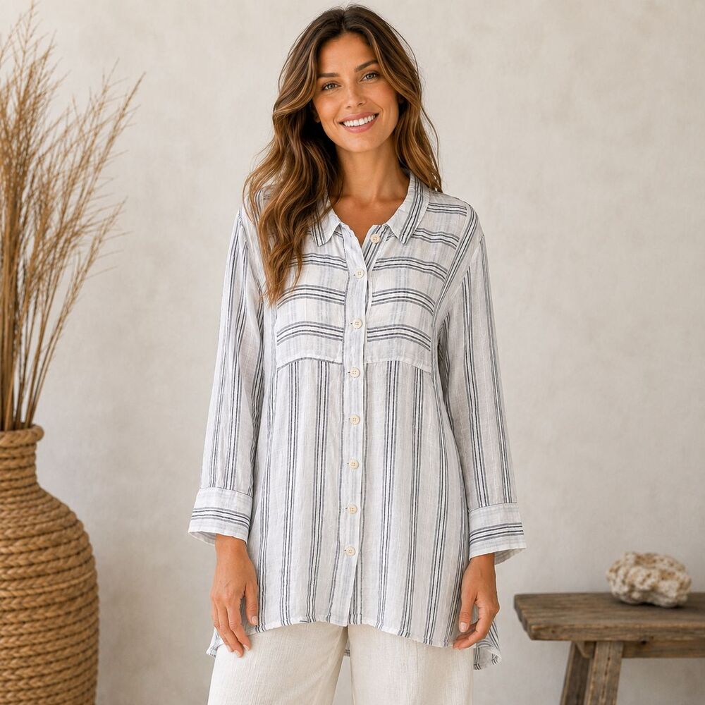 FLAX Womens L 100% Linen Tunic Shirt White Gray Striped Button Front Oversized